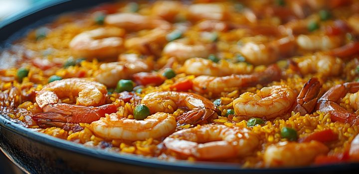 Close-up of a traditional seafood paella featuring succulent shrimp and peas atop a vibrant yellow saffron rice. the dish is beautifully presented in a large pan, epitomizing spanish culinary tradition and flavor. Generative AI